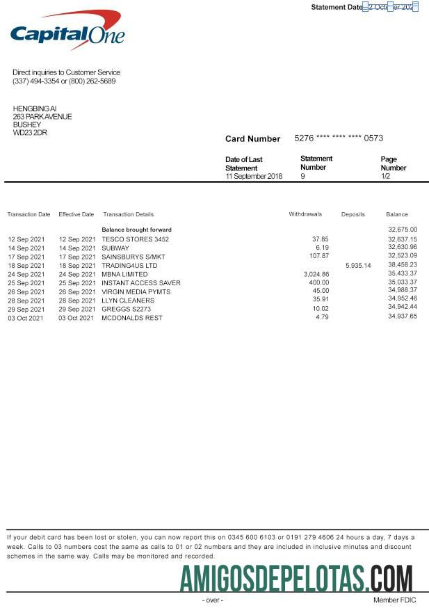 Extrato bancário realista do USA Capital One modelo formato PSD, versão 2